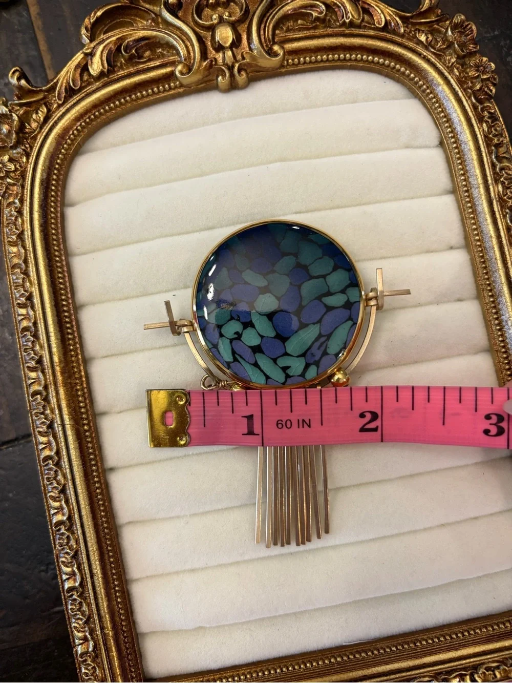 Vintage Glass Mosaics Look Glass Brooch Pin Metal Dangle Pins White Stone UNIQUE
